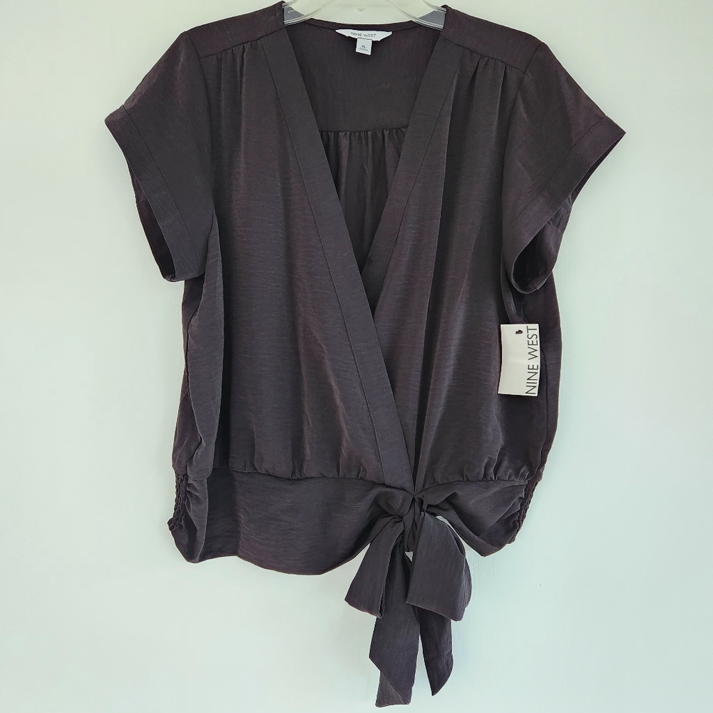 Nine West Women's Dark Gray Tie-Front Blouse